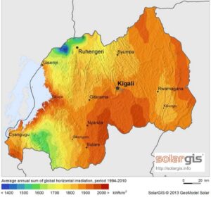 Somme annuelle moyenne de l'irradiation horizontale globale au Rwanda.