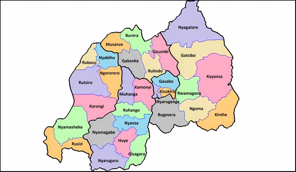 Carte des districts du Rwanda.