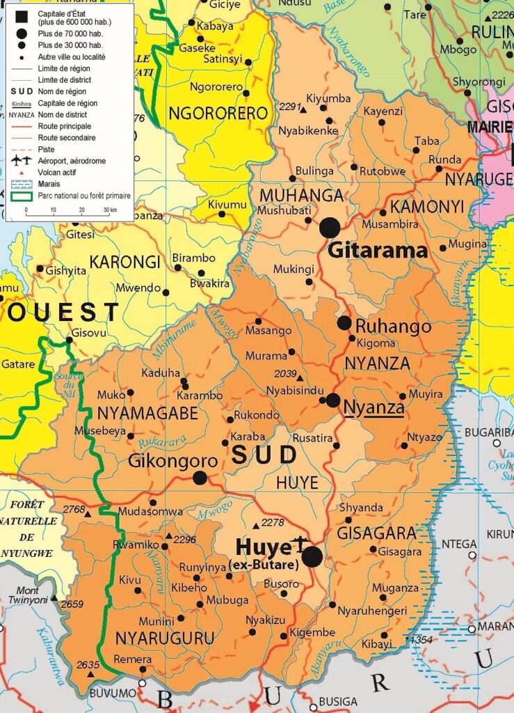 Carte de la province du Sud, Rwanda.