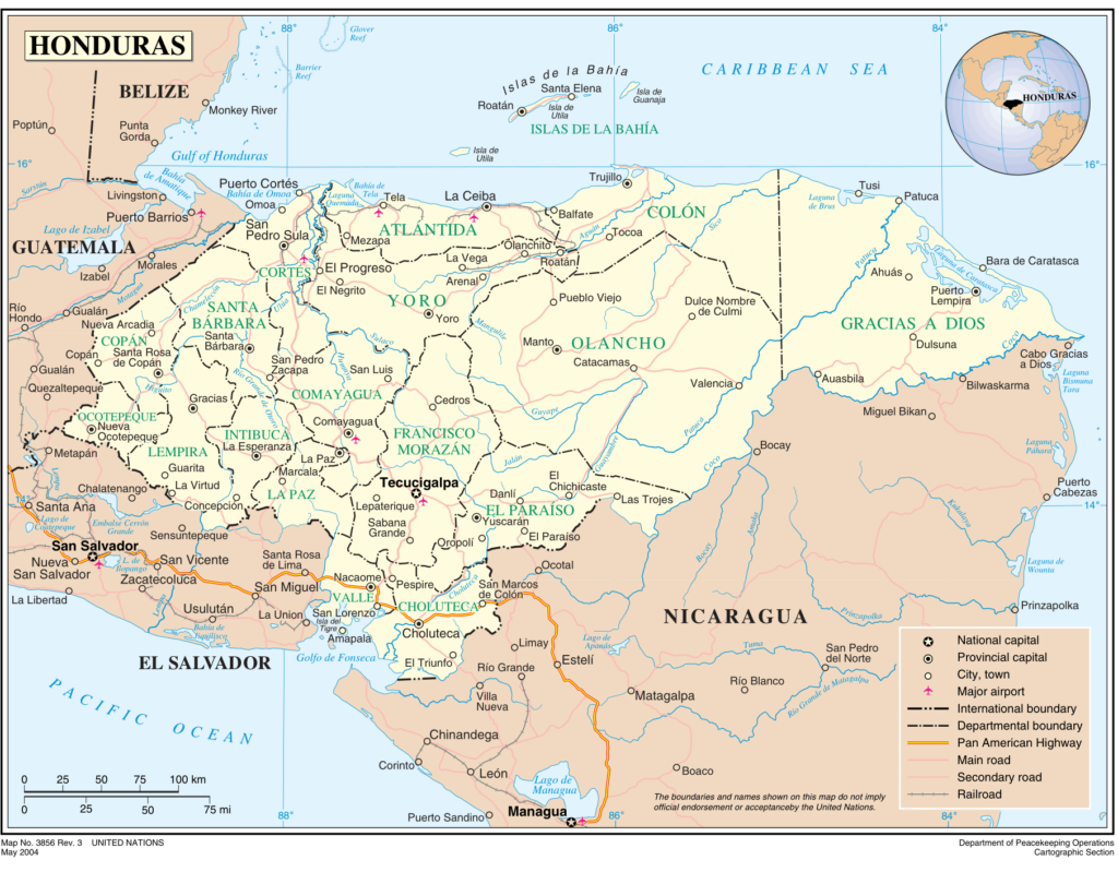 Carte des principales villes du Honduras.