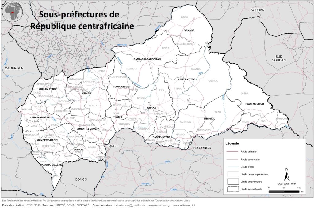 Carte des sous-préfectures de République centrafricaine.