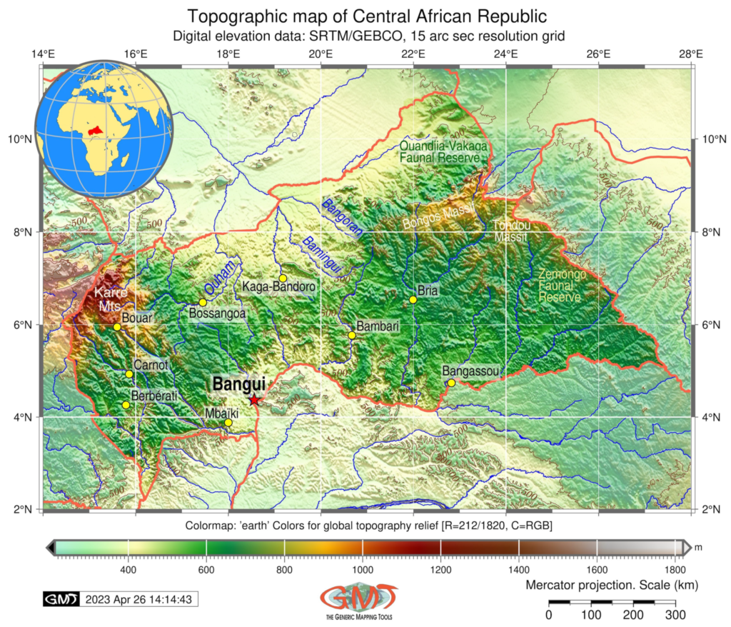 Carte physique de la République centrafricaine.