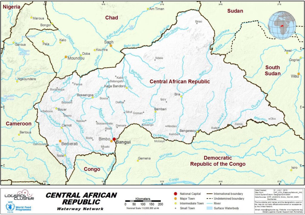 Carte du réseau hydrographique de la République Centrafricaine.