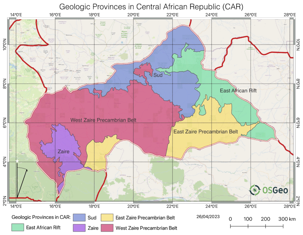 Carte des provinces géologiques de la République centrafricaine.
