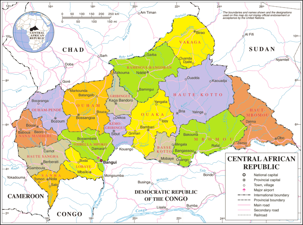 Carte politique de la République centrafricaine.