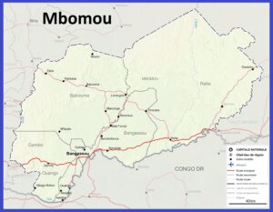 Carte de la préfecture du Mbomou avec les villes et les routes.