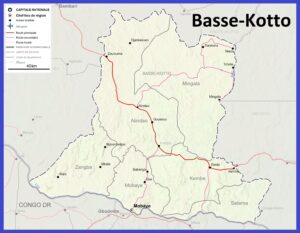 Carte de la préfecture de la Basse-Kotto avec les villes et les routes.