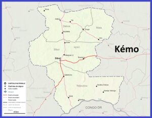 Carte de la préfecture de la Kémo avec les villes et les routes.