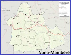 Carte de la préfecture de la Nana-Mambéré avec les villes et les routes.