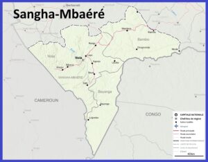 Carte de la préfecture de la Sangha-Mbaéré avec les villes et les routes.