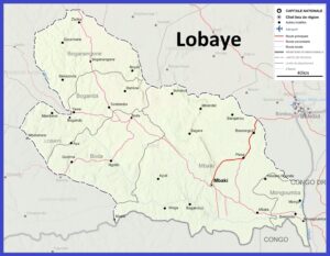 Carte de la préfecture de la Lobaye avec les villes et les routes.