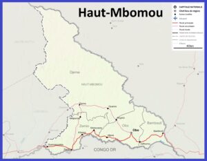 Carte de la préfecture du Haut-Mbomou avec les villes et les routes.