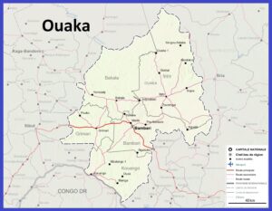 Carte de la préfecture de la Ouaka avec les villes et les routes.