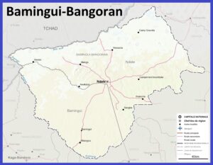 Carte de la préfecture de Bamingui-Bangoran avec les villes et les routes.