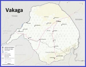 Carte de la préfecture de la Vakaga avec les villes et les routes.