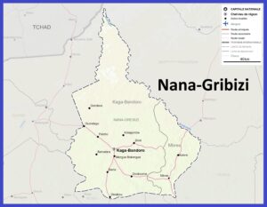 Carte de la préfecture de Nana-Gribizi avec les villes et les routes.