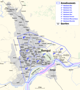 Plan des arrondissements et quartiers de l'agglomération de Bangui.