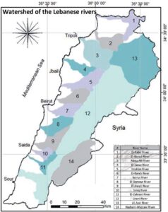Carte des bassins versants des cours d'eau libanais.