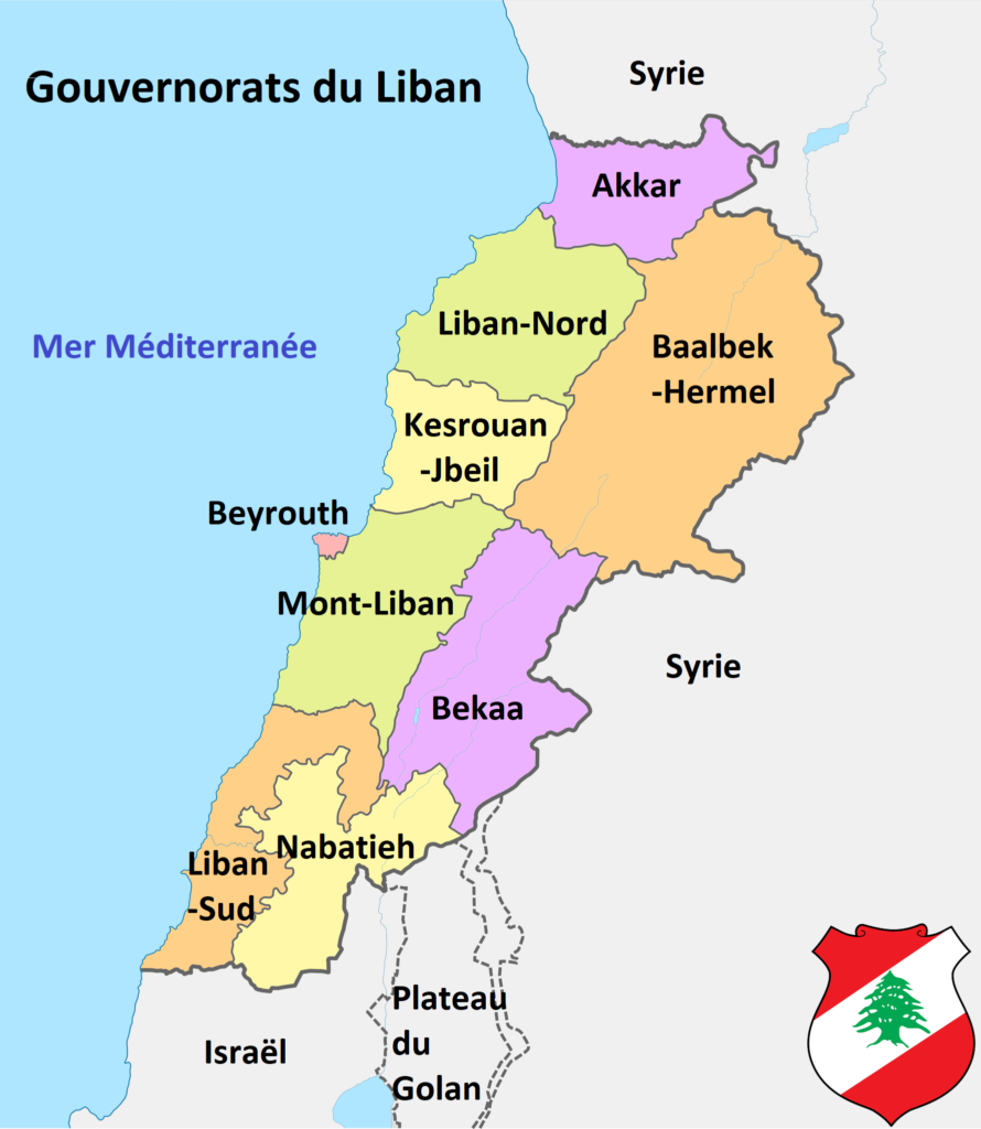 Carte des gouvernorats du Liban.