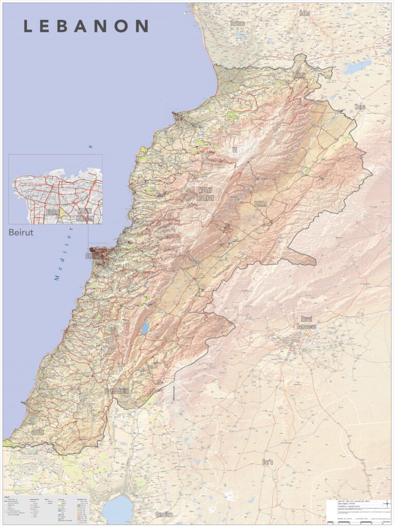Carte physique du Liban.