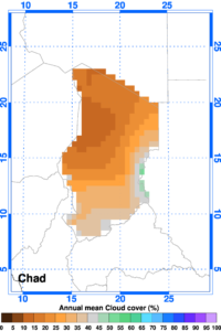 Carte de la couverture nuageuse annuelle moyenne sur l'ensemble du Tchad, période 1961-1990.