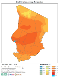 Carte de la température moyenne historique du Tchad, période 2001-2015.