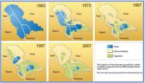 Cartes montrant l'évolution du lac Tchad depuis les années 60 (NASA pour CBLT, 2008).
