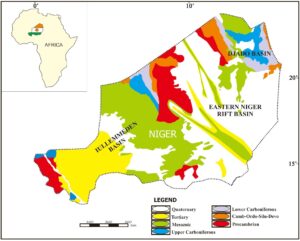 Carte géologique du Niger montrant la localisation des différents bassins sédimentaires (modifiée de Harouna et Philp, 2012).