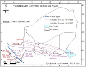 Carte de la variation des isohyètes au Sud Niger de 1950 à 1985.