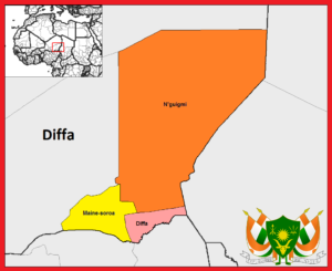Carte des départements de la région de Diffa jusqu'en 2011.