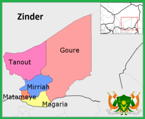 Carte des départements de la région de Zinder jusqu'en 2011.