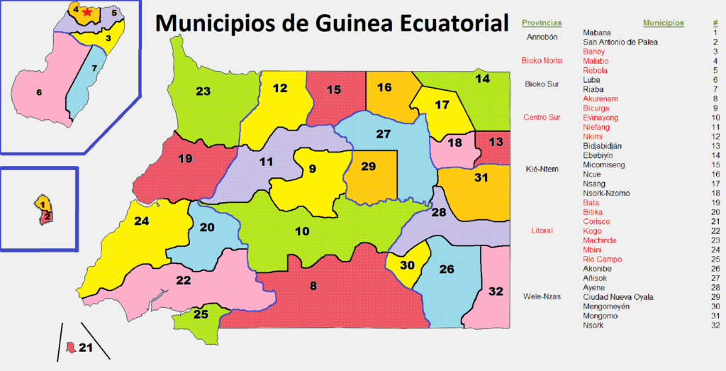 Carte des municipalités de la Guinée équatoriale.