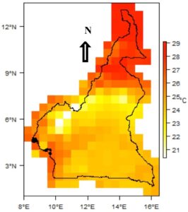 Carte de la température moyenne en République du Cameroun.