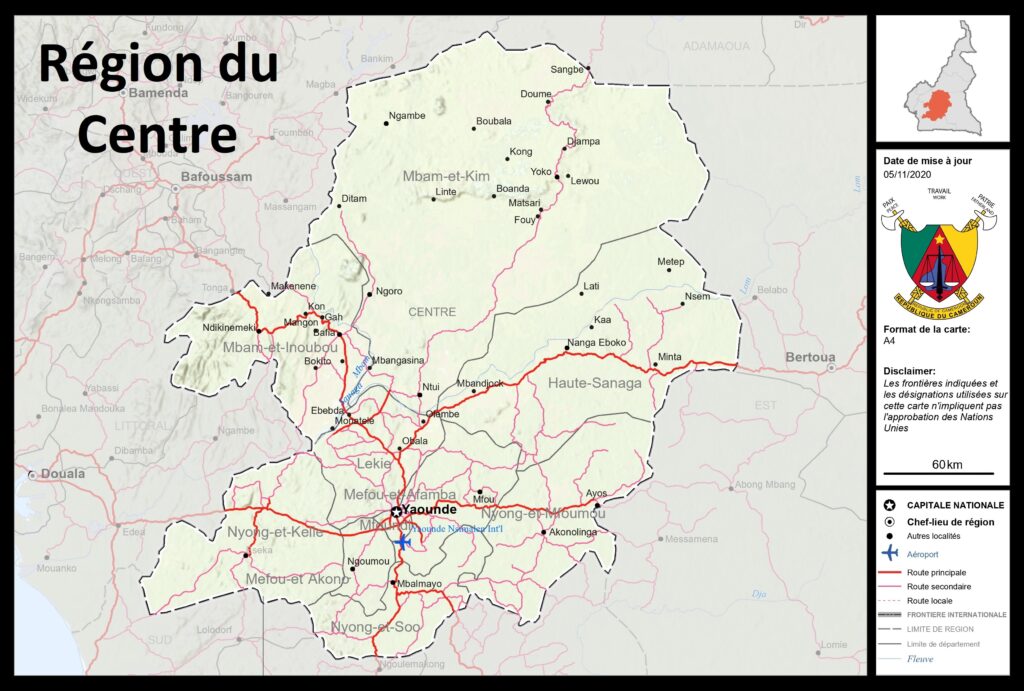 Carte de la région du Centre, Cameroun.