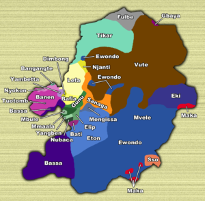 Carte des groupes ethno-linguistiques de la région du Centre au Cameroun.
