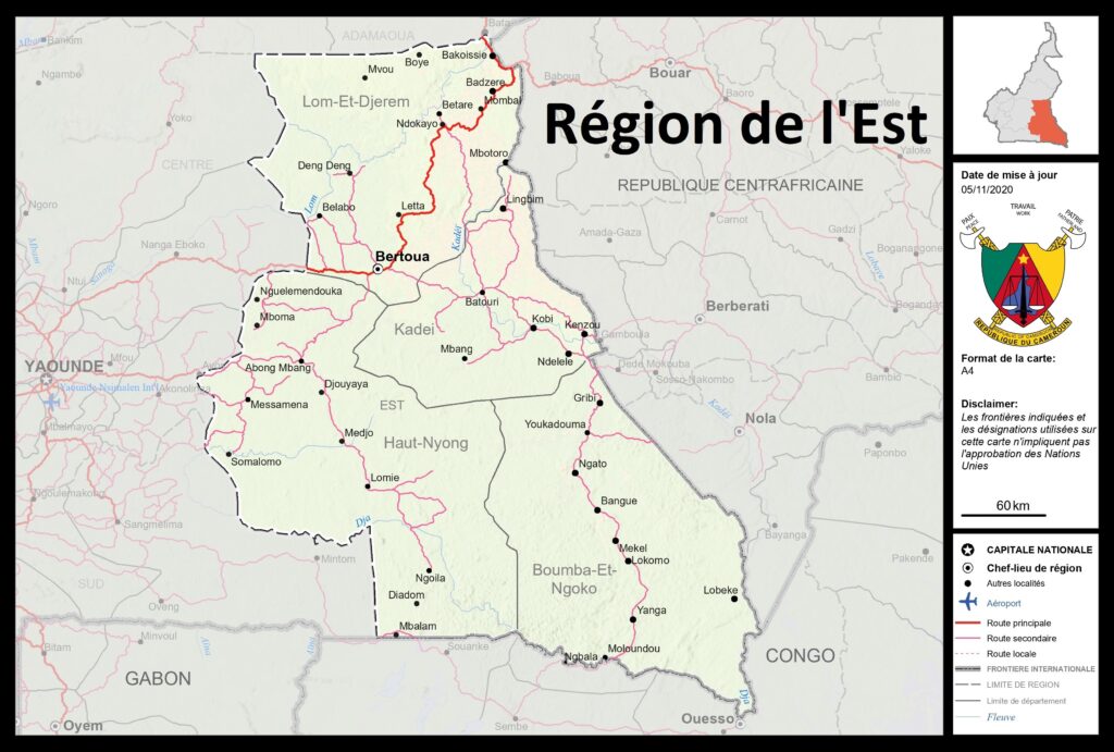 Carte de la région de l'Est, Cameroun.