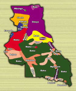 Carte des groupes ethno-linguistiques de la région de l'Est au Cameroun.
