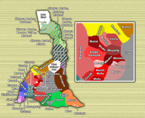 Carte des groupes ethno-linguistiques de la région de l'Extrême-Nord au Cameroun.