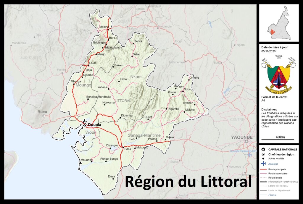 Carte de la région du Littoral, Cameroun.