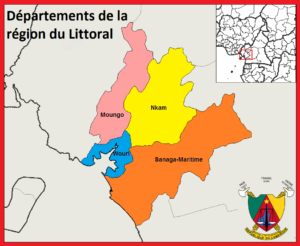 Carte des départements de la région du Littoral au Cameroun.