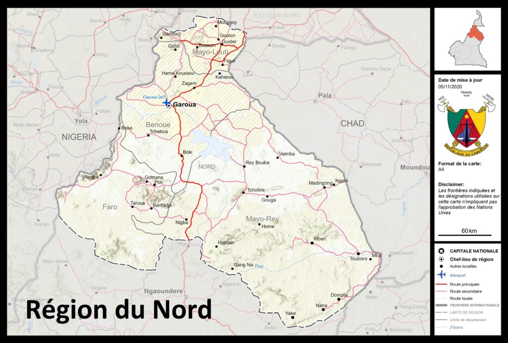 Carte de la région du Nord, Cameroun.