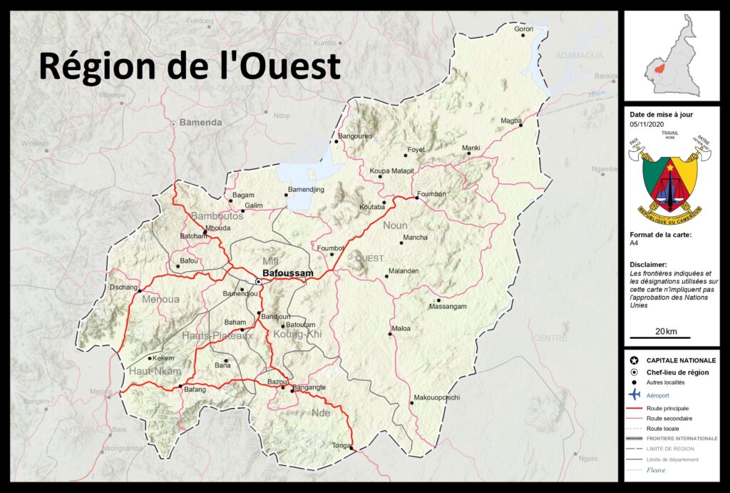 Carte de la région de l'Ouest, Cameroun.