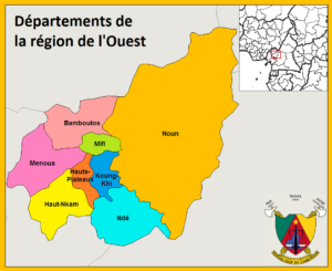 Carte des départements de la région de l'Ouest au Cameroun.