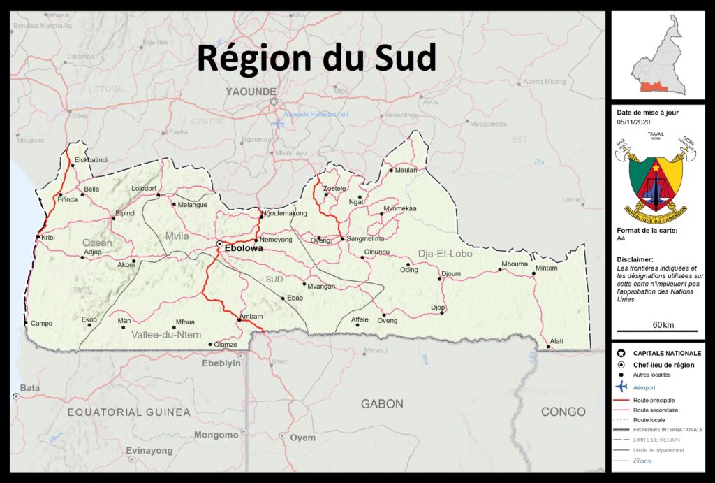 Carte de la région du Sud, Cameroun.