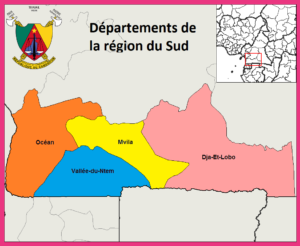 Carte des départements de la région du Sud au Cameroun.