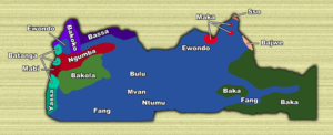 Carte des groupes ethno-linguistiques de la région du Sud au Cameroun.