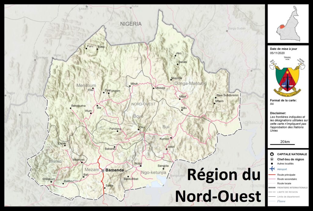 Carte de la région du Nord-Ouest, Cameroun.