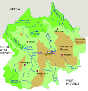 Carte des cours d'eau de la région du Nord-Ouest au Cameroun.