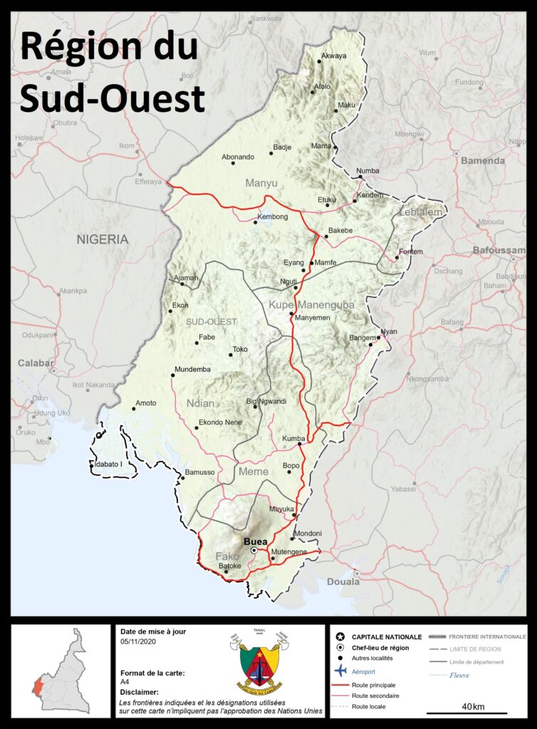 Carte de la région du Sud-Ouest, Cameroun.