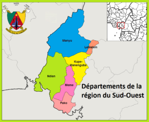 Carte des départements de la région du Sud-Ouest au Cameroun.